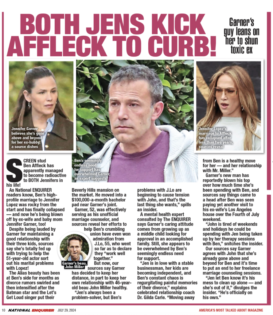 Both Jens Kick Affleck to Curb by ask Dr. Gilda Carle